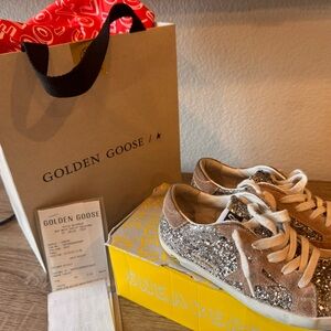 Golden Goose Brown and Silver Sneakers with Glitter Finish
